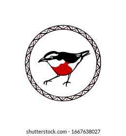 Vector card with hand drawn little bird in abstract ethnic frame made with ink. Beautiful animal design elements, logo template