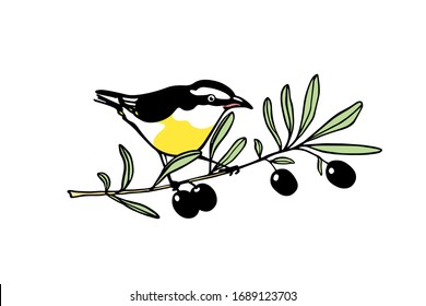 Vector card with hand drawn little bird sitting on an olive branch. Ink drawing. Beautiful animal design elements, logo template