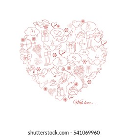 Vector card with hand drawn love doodles objects and elements, symbols