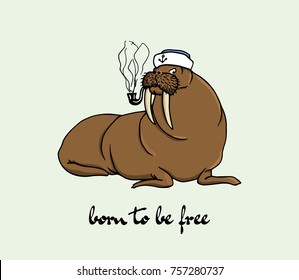 Vector card with hand drawn lovely walrus in sailor's cap and with smoking pipe. Beautiful ink drawing, animal illustration