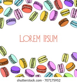 Vector card with hand drawn macarons. Traditional pastry illustration. Beautiful food design elements.