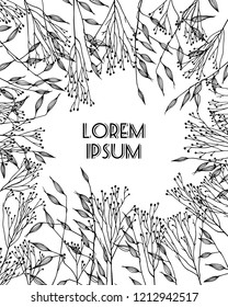 Vector card with hand drawn meadow grass. Ink drawing, graphic style.