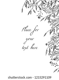 Vector card with hand drawn meadow grass. Ink drawing, graphic style.