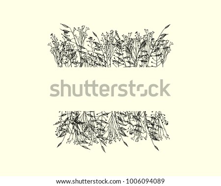 Vector card with hand drawn meadow grass frame. Ink drawing, graphic style, beautiful floral design elements