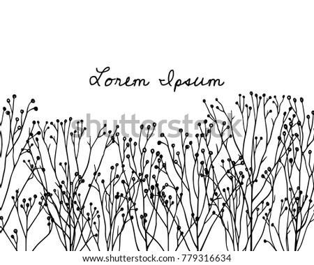 Vector card with hand drawn meadow grass. Ink drawing, graphic style.
