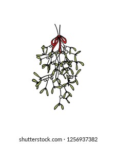 Vector card with hand drawn mistletoe bouquet. Ink drawing, graphic style, beautiful Christmas design element