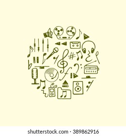 Vector card with hand drawn music graphics. Vector collection of hand drawn musical signs arranged in circle. Beautiful design elements.