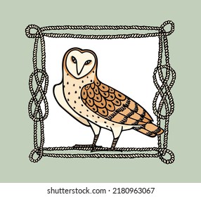 Vector card with hand drawn mysterious Barn Owl in nautical rope frame. Ink drawing, decorative graphic style. Beautiful wildlife design elements, logo template