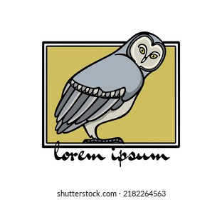 Vector card with hand drawn mysterious Great Grey Owl in austere frame. Ink drawing, decorative graphic style. Beautiful animal design elements, logo template 
