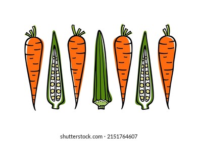Vector card with hand drawn okra pods and juicy carrots made in graphic way. Ink drawing. Beautiful healthy food or farm markets design elements