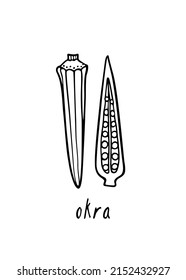 Vector card with hand drawn okra pods made in graphic style. Ink drawing. Perfect for healthy food or farm markets prints and patterns