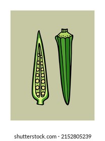 Vector card with hand drawn okra pods made in graphic style. Ink drawing. Perfect for healthy food or farm markets prints and patterns