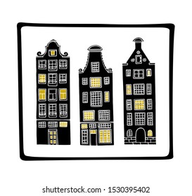 Vector card  with hand drawn old city houses. Ink drawing, linocut style. Beautiful city and travel design elements, perfect for welcome cards