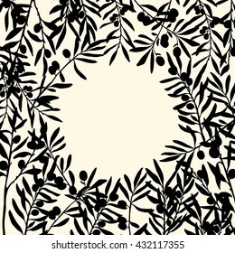Vector card with hand drawn olive branches forming round frame. Beautiful ink drawing.