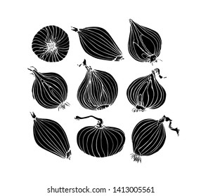 Vector card with hand drawn onion bulbs. Beautiful food design elements, ink drawing, linocut style