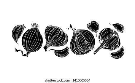 Vector card with hand drawn onion bulbs and garlic heads and cloves. Beautiful food design elements, ink drawing, linocut style