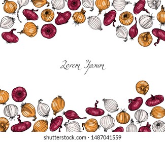 Vector card with hand drawn onion varieties: yellow, red and white. Beautiful food design elements, ink drawing