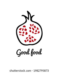Vector card with hand drawn open ripe pomegranate fruit with red seeds. Beautiful ink drawing, abstract style. Food and nature design elements.