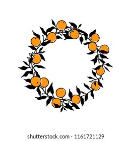 Vector card with hand drawn orange tree branch wreath. Ink drawing, graphic style, beautiful design elements