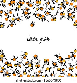 Vector card with hand drawn orange tree branches. Ink drawing, graphic style, beautiful design elements