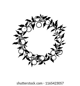 Vector card with hand drawn orange tree branch wreath. Ink drawing, graphic style, beautiful design elements