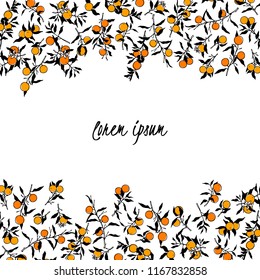 Vector card with hand drawn orange tree branches. Ink drawing, graphic style, beautiful design elements