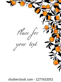Vector card with hand drawn orange tree branches. Ink drawing, graphic style, beautiful design elements