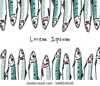 Vector card with hand drawn Pacific and Indian Oil sardines. Ink drawing, graphic style. Beautiful food design elements