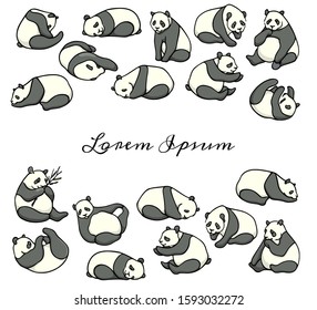 Vector card with hand drawn pandas. Ink drawing, beautiful animal design elements.