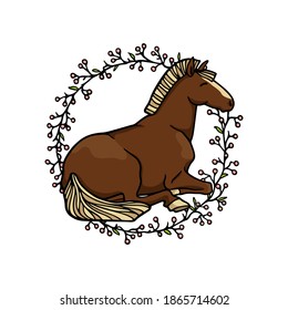 Vector card with hand drawn peaceful laying horse in floral wreath. Beautiful ink drawing, calming animal illustration