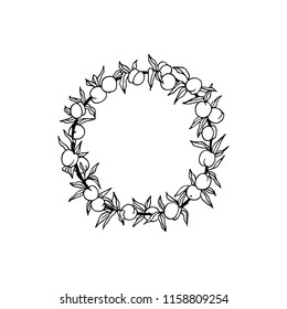 Vector card with hand drawn peach tree branch wreath. Ink drawing, graphic style, beautiful design elements