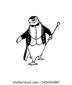 Vector card with hand drawn penguin in black tie. Ink drawing, graphic style, beautiful animal design element
