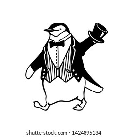 Vector card with hand drawn penguin in black tie. Ink drawing, graphic style, beautiful animal design element