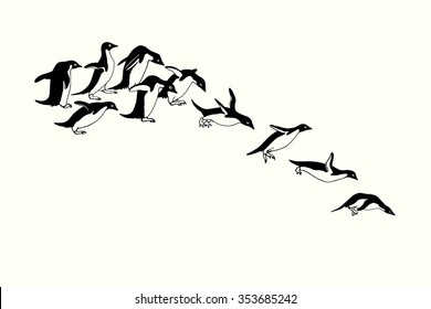 Vector card with hand drawn penguins jumping downward. Cute penguin characters, beautiful design elements.