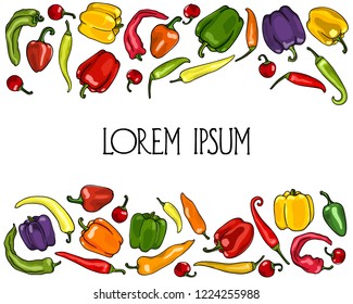 Vector card with hand drawn pepper cultivars. Ink drawing, graphic style, beautiful design elements