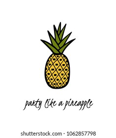 Vector card hand drawn pineapple. Beautiful ink drawing, heavy contour, graphic style. Food design elements.