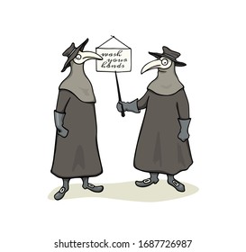 Tarjeta vectorial con médicos de la peste dibujados a mano en trajes de protección tradicionales haciendo recomendaciones médicas útiles durante la pandemia. Dibujo de tinta, elementos de diseño perfectos para la ilustración de consejos de salud