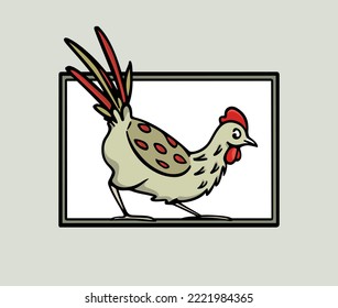 Vector card with hand drawn playful chicken in austere frame. Beautiful ink drawing, heavy contour, graphic style. Perfect elements for food or farming logo design.