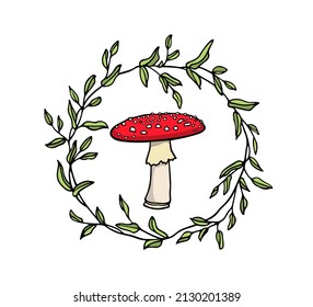 Vector card with hand drawn poisonous fungus Amanita in green leafy wreath. Ink drawing, graphic style. Beautiful design elements.