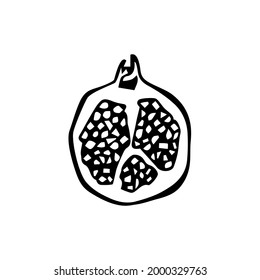 Vector card with hand drawn pomegranate slice. Beautiful ink drawing, graphic abstract style. Food and nature design elements.