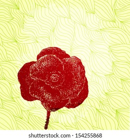 Vector card with hand drawn poppy on patterned wavy background