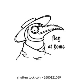 Vector card with hand drawn portrait of plague doctor in traditional protective costume with useful medical recommendation during pandemic. Ink drawing, perfect design elements for health advice.