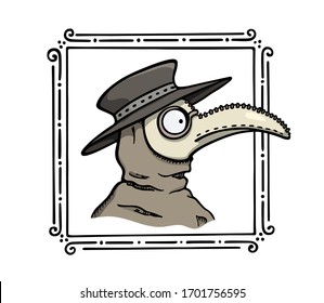 Tarjeta vectorial con retrato hecho a mano de un médico de la peste con traje tradicional de protección en marco abstracto. Dibujo de tinta, elementos de diseño perfectos para la ilustración de consejos de salud