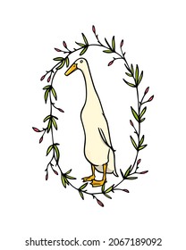 Vector card with hand drawn portrait of a cute white Indian Runner duck in floral wreath. Ink drawing, graphic style. Beautiful farm products design elements.