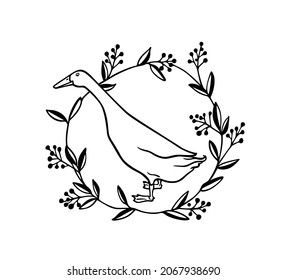 Vector card with hand drawn portrait of a cute white Indian Runner duck in floral wreath. Ink drawing, graphic style. Beautiful farm products design elements. svg