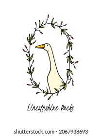 Vector card with hand drawn portrait of a cute white Indian Runner duck in floral wreath. Ink drawing, graphic style. Beautiful farm products design elements.