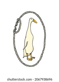 Vector card with hand drawn portrait of a cute white Indian Runner duck in nautical rope frame. Ink drawing, graphic style. Beautiful farm products design elements.