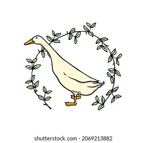 Vector card with hand drawn portrait of a cute white Indian Runner duck in floral wreath. Ink drawing, graphic style. Beautiful farm products design elements.