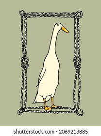 Vector card with hand drawn portrait of a cute white Indian Runner duck in nautical rope frame. Ink drawing, graphic style. Beautiful farm products design elements.