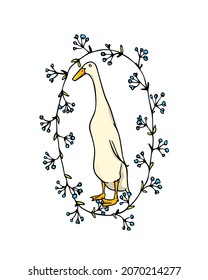 Vector card with hand drawn portrait of a cute white Indian Runner duck in floral wreath. Ink drawing, graphic style. Beautiful farm products design elements. svg
